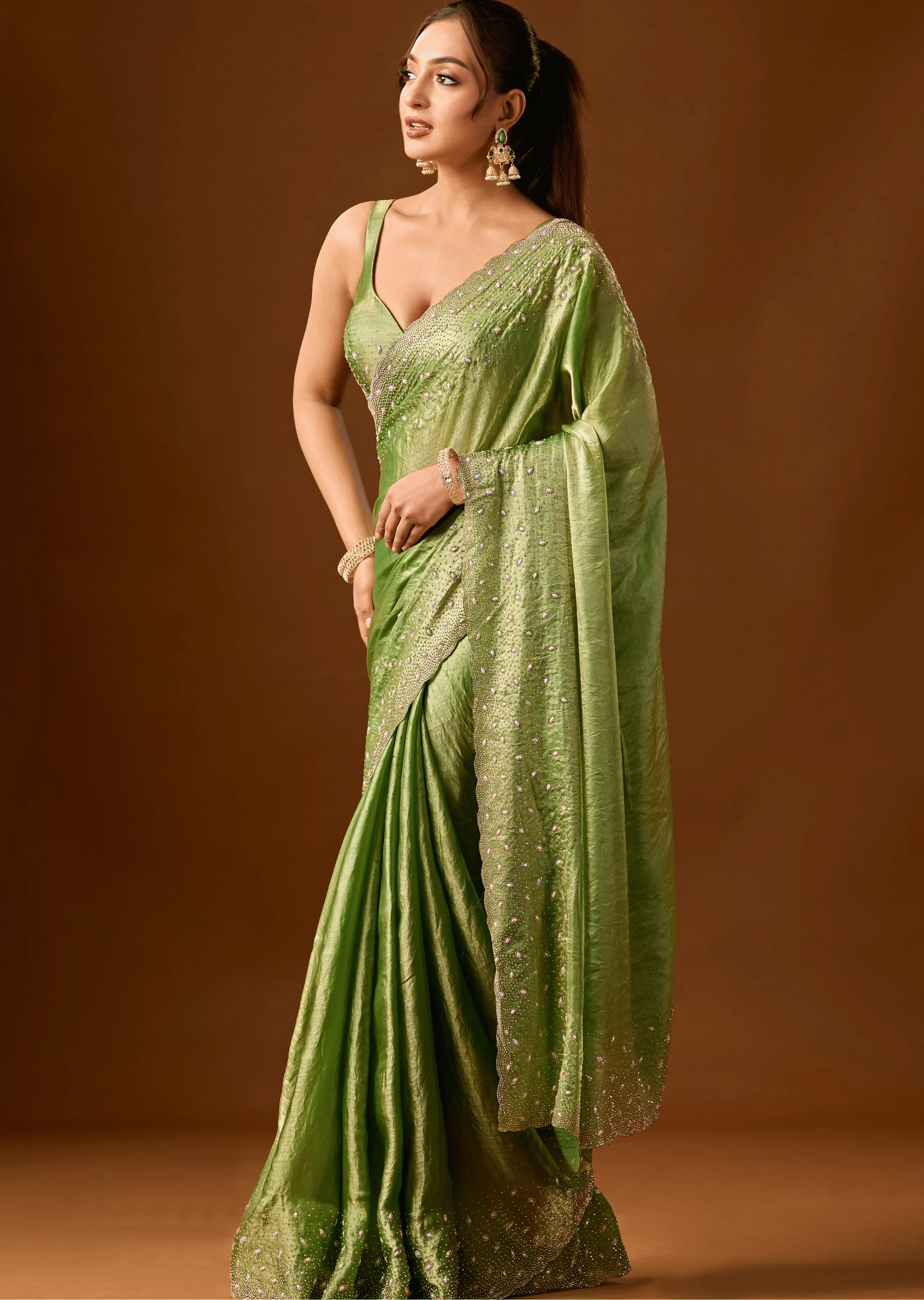 Pista Green Tissue Silk Saree Draped Look - Stone Work Design