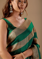 Emerald Green Tissue Silk Saree With Metallic Stripe Weave