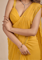 Mustard Yellow Chiffon Saree With Floral Embroidery