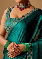 Emerald Green Tissue Silk Saree With Crystal Stone Border