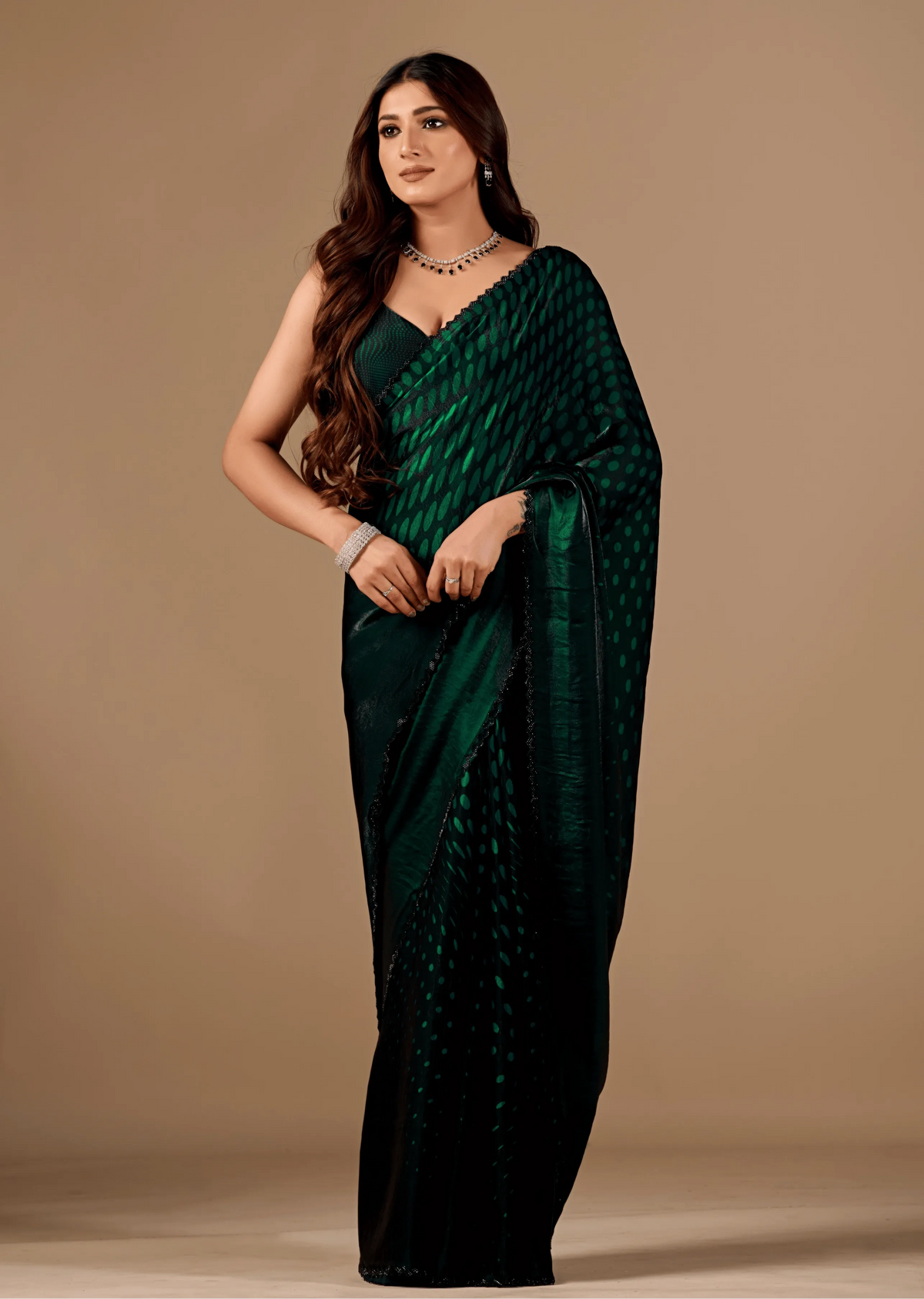 Bottle Green Organza Silk Saree Side Pose - Party Wear Saree