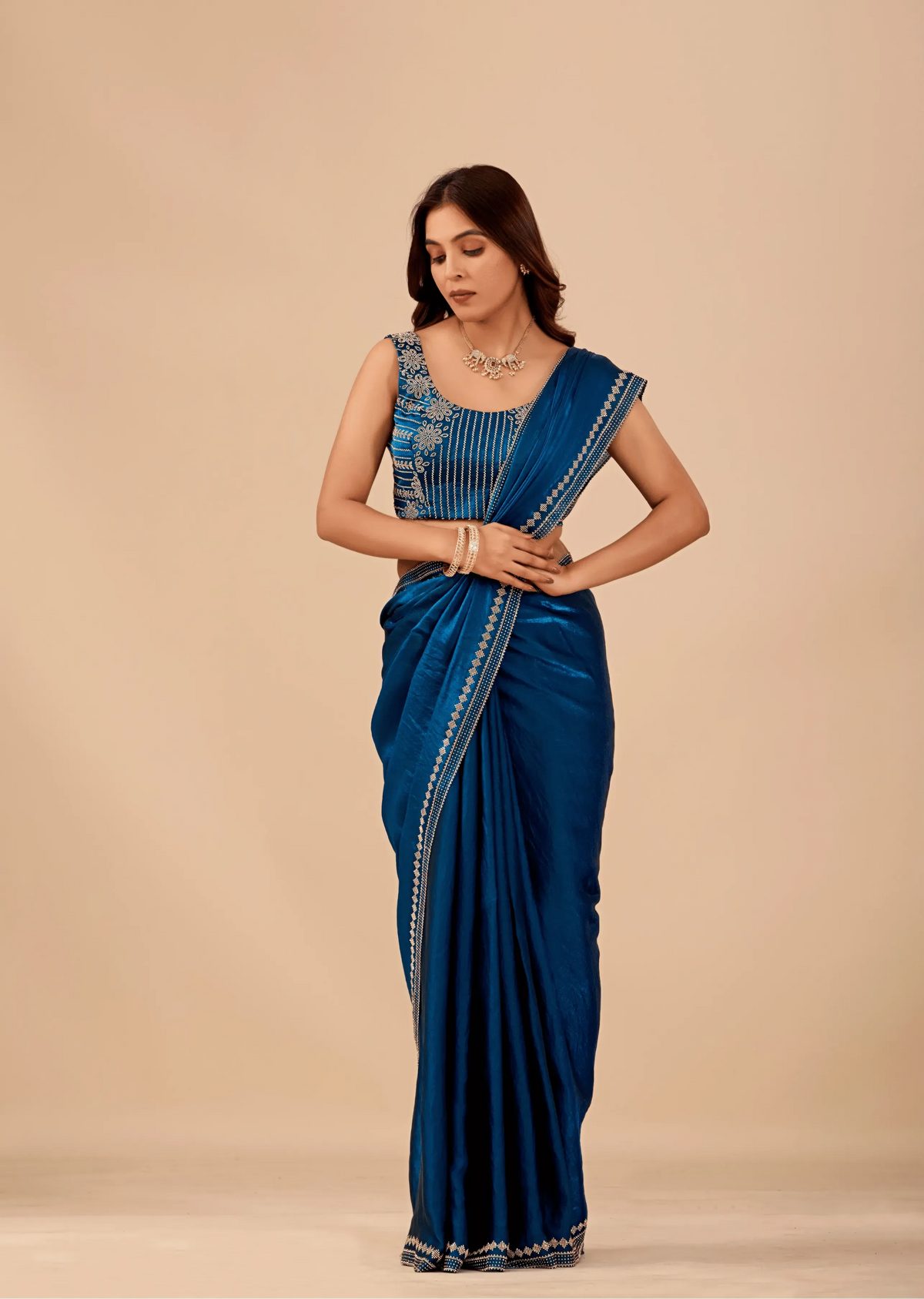 Ocean Blue Tissue Silk Saree With Crystal Border Work