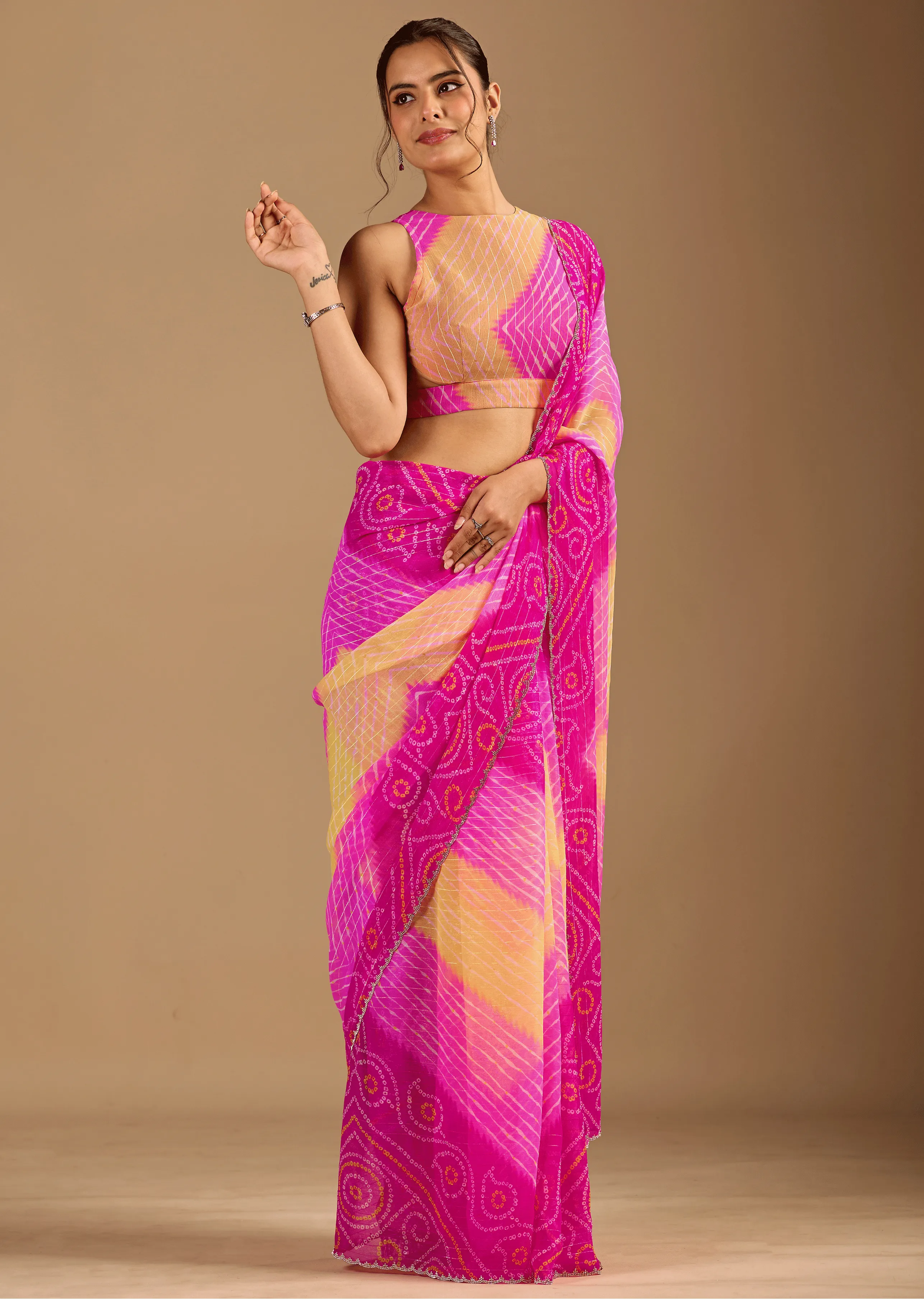 Rani Pink Chiffon Saree Back Pose - Bandhani Print Detail