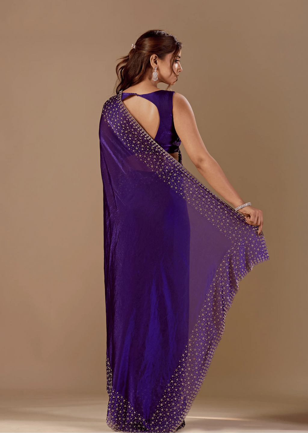 Royal Wine Tissue Silk Saree Back Pose - Stone Work Detail