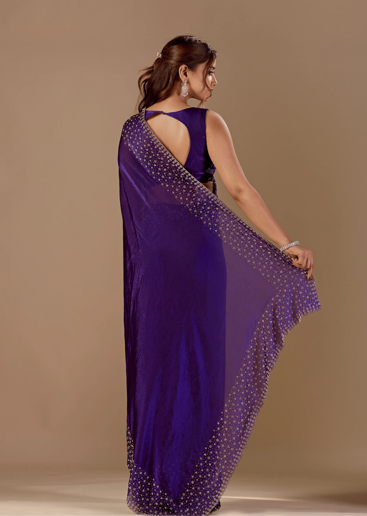 Royal Wine Tissue Silk Saree Back Pose - Stone Work Detail