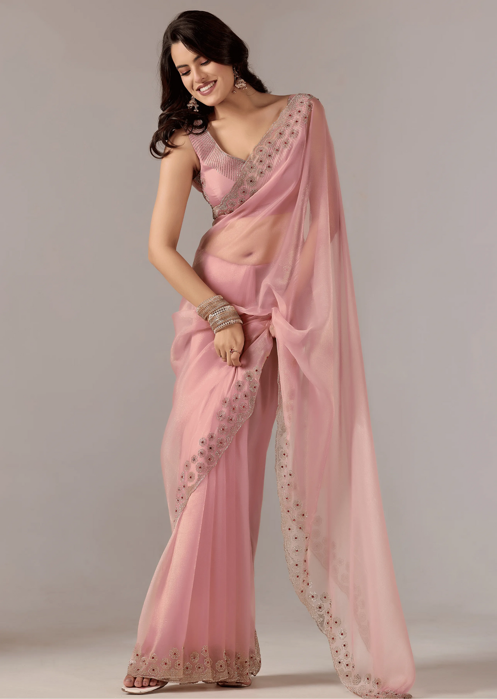Baby Pink Tissue Saree Side Pose - Wedding Wear Saree