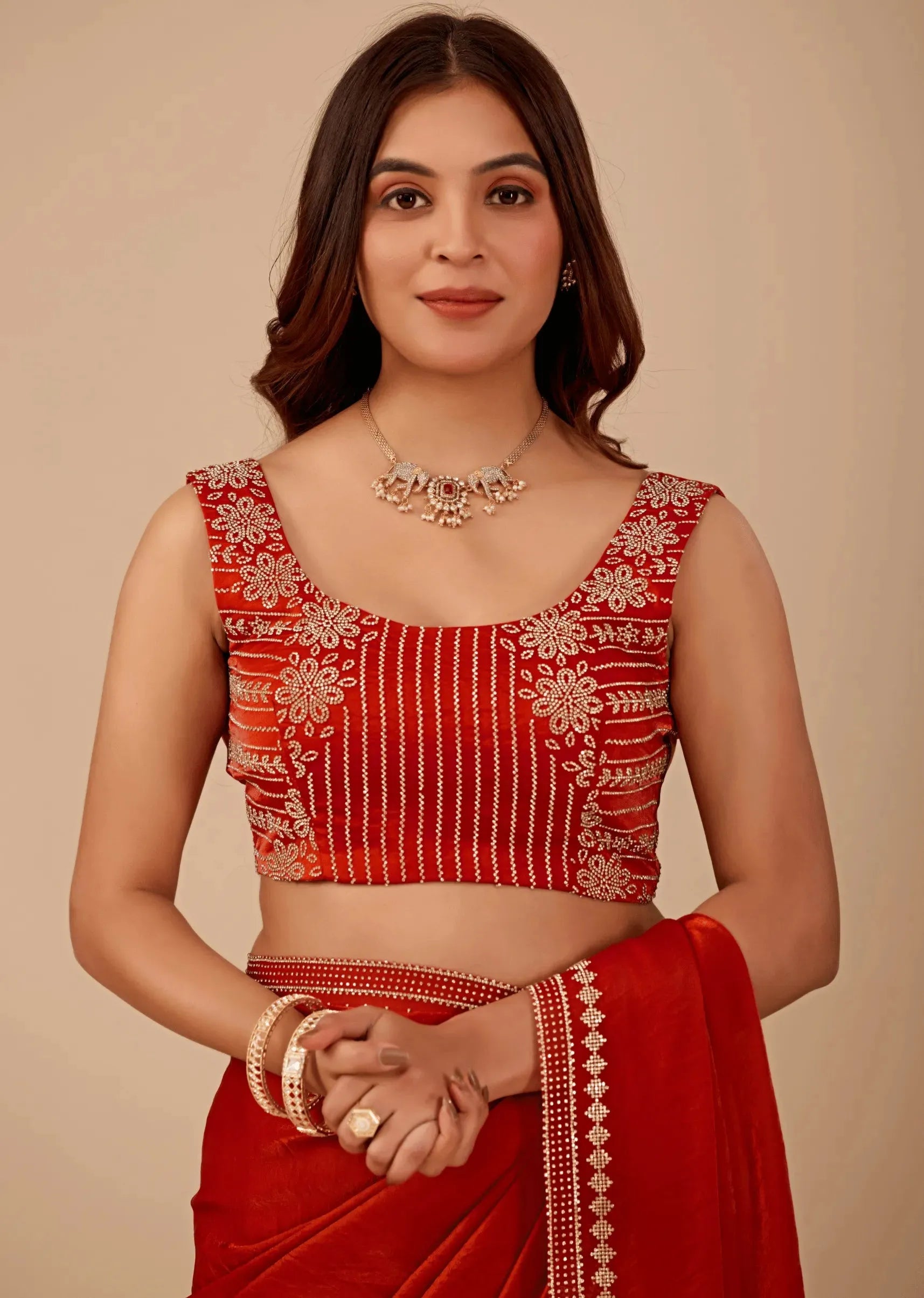 Crimson Red Tissue Silk Saree With Diamond Border Work