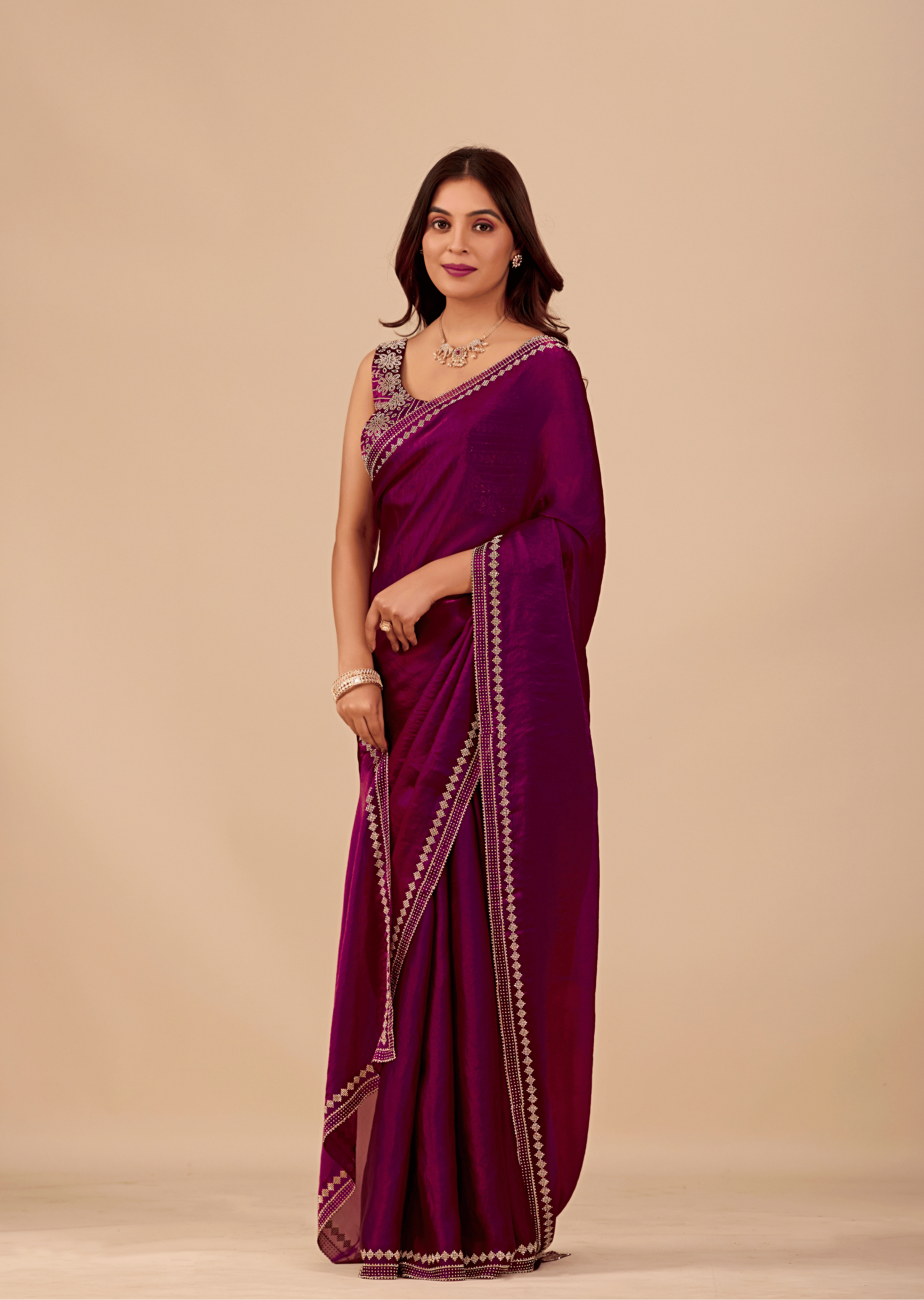 Royal Purple Tissue Silk Saree With Crystal Border Work