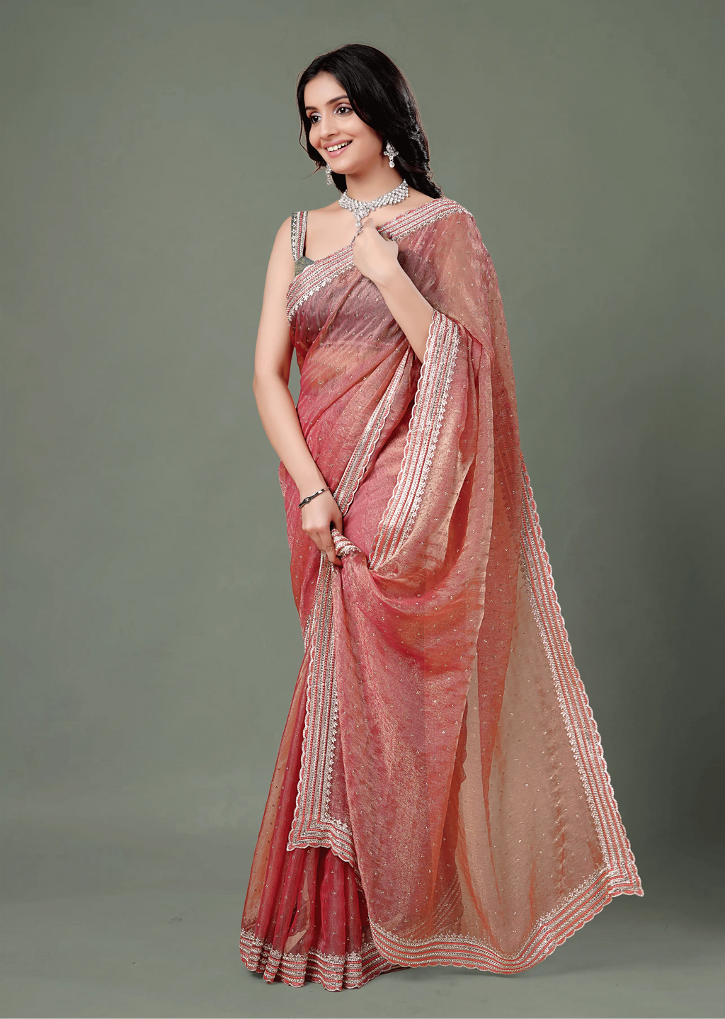 Dusty Pink Organza Saree Draped Look - Embellished Border Design