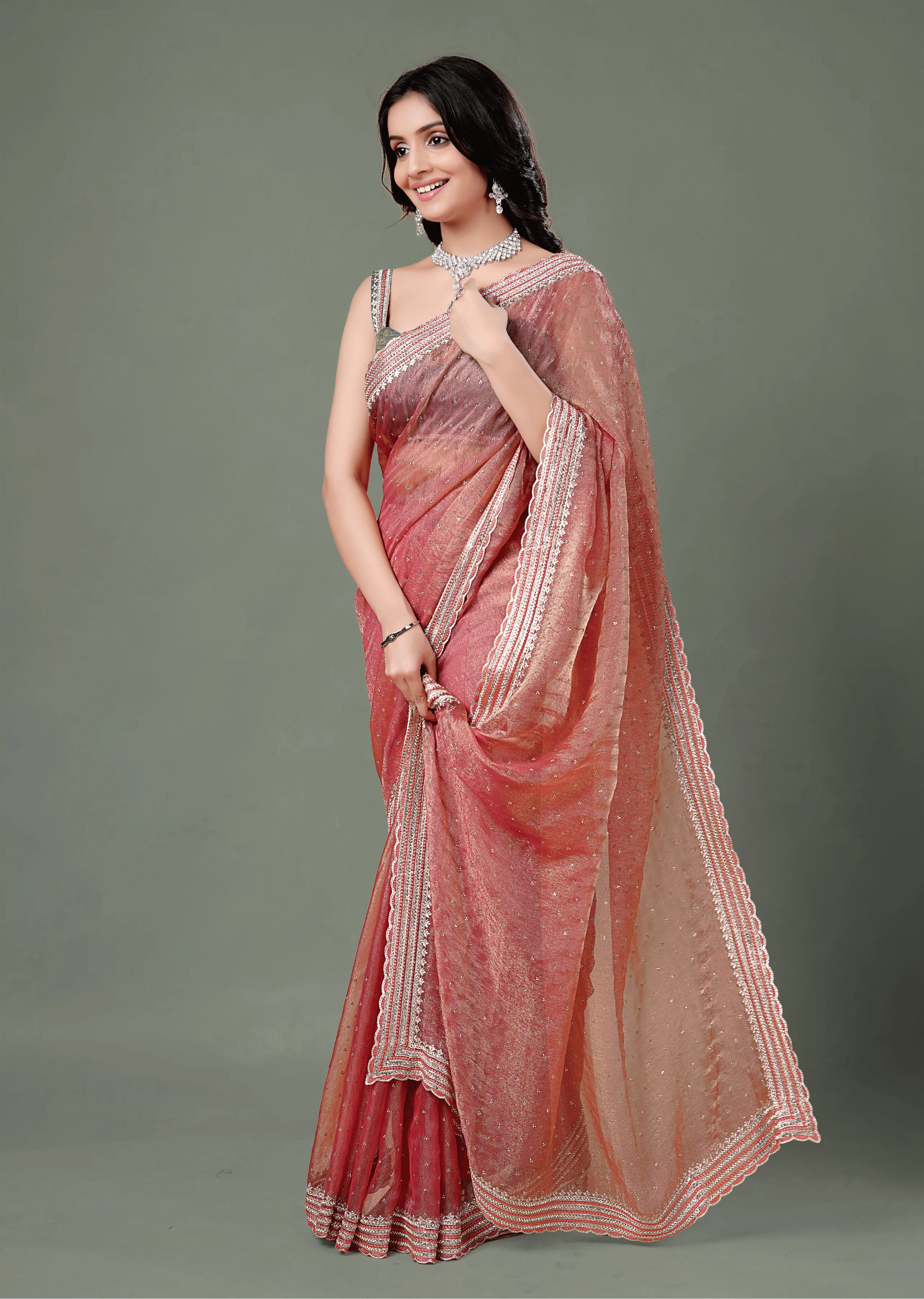Dusty Pink Organza Saree Draped Look - Embellished Border Design