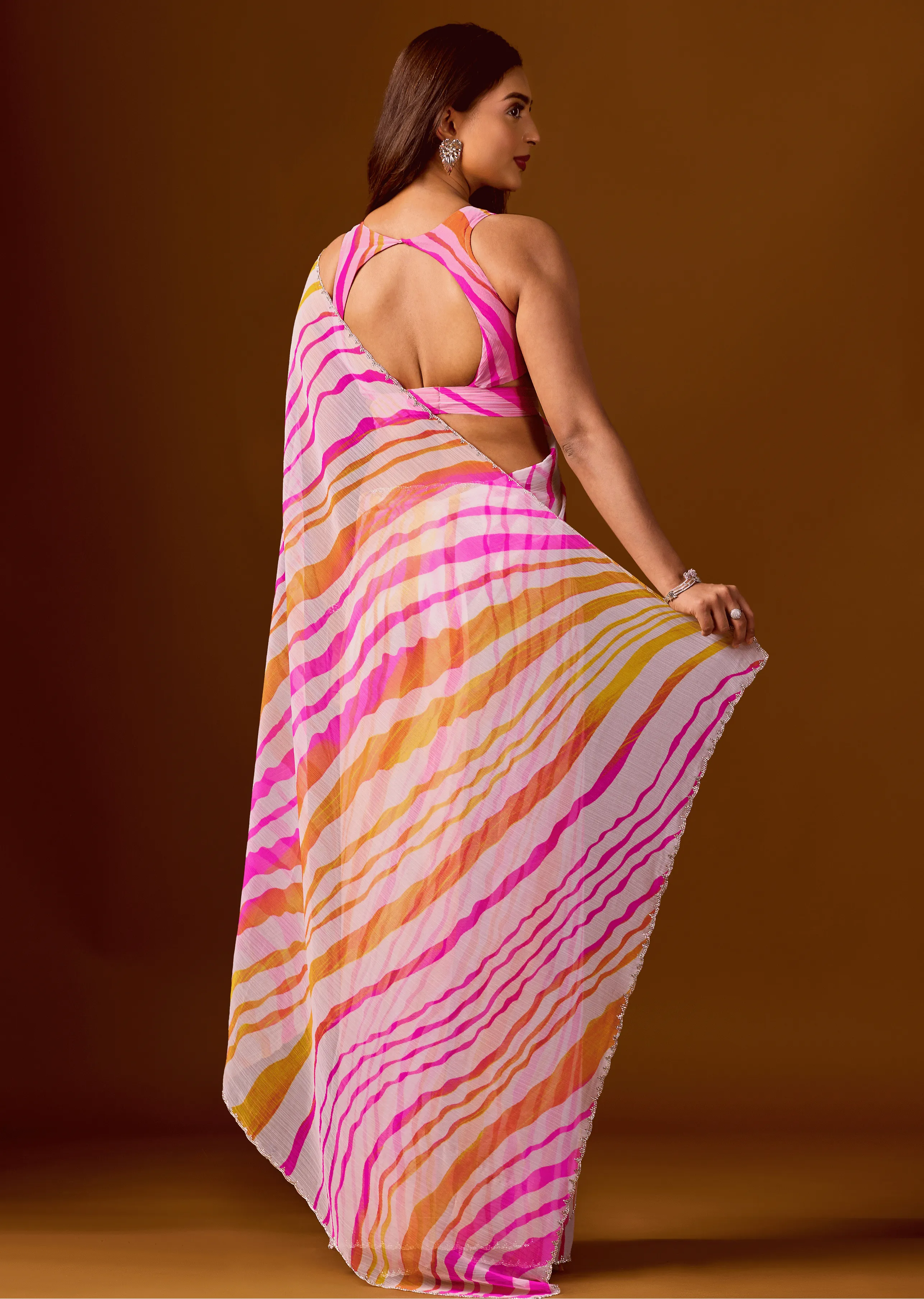 Pink Peach Chiffon Saree Back Pose - Stone Work Detail