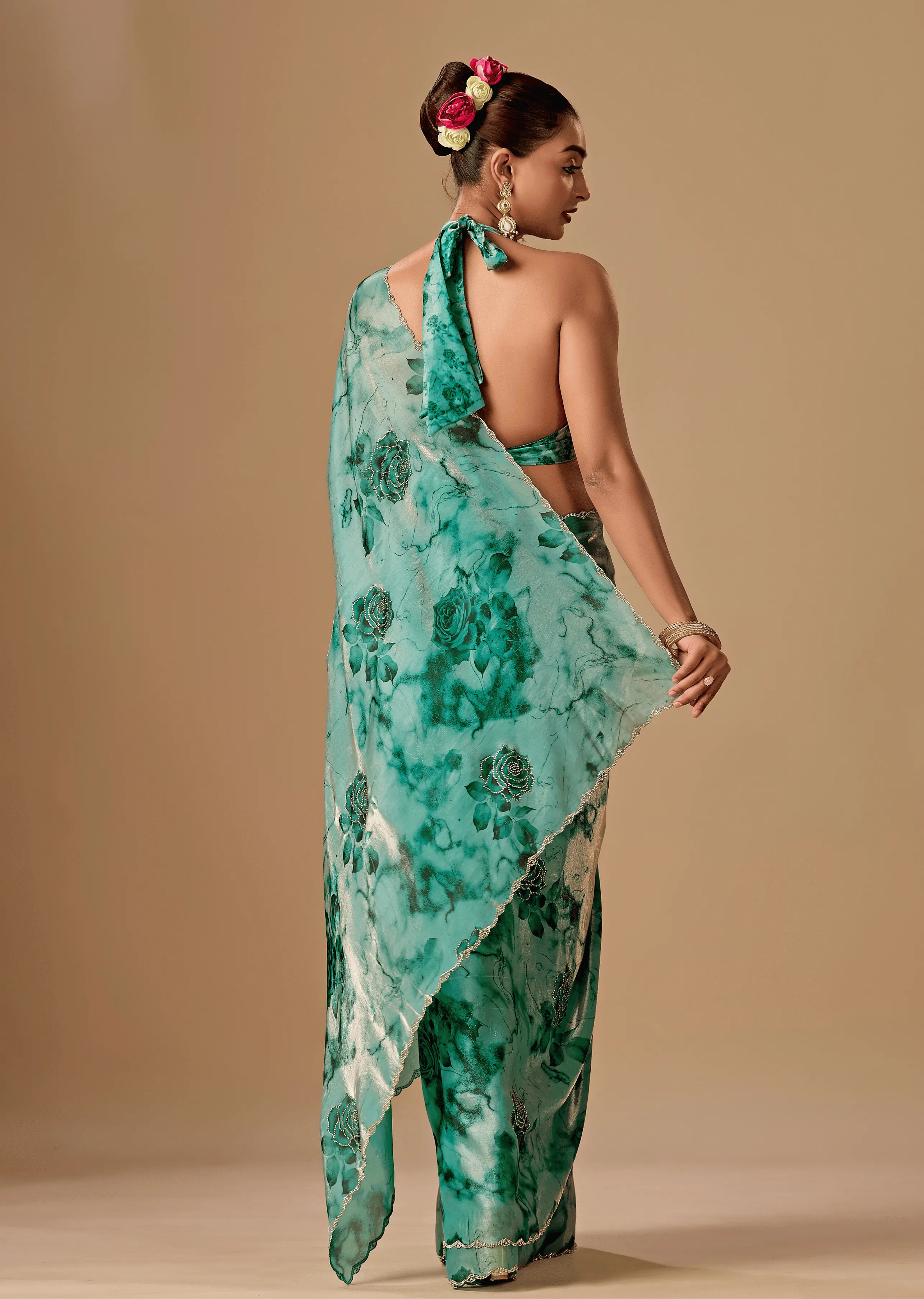 Sea Green Organza Silk Saree Back Pose - Stone Work Detail