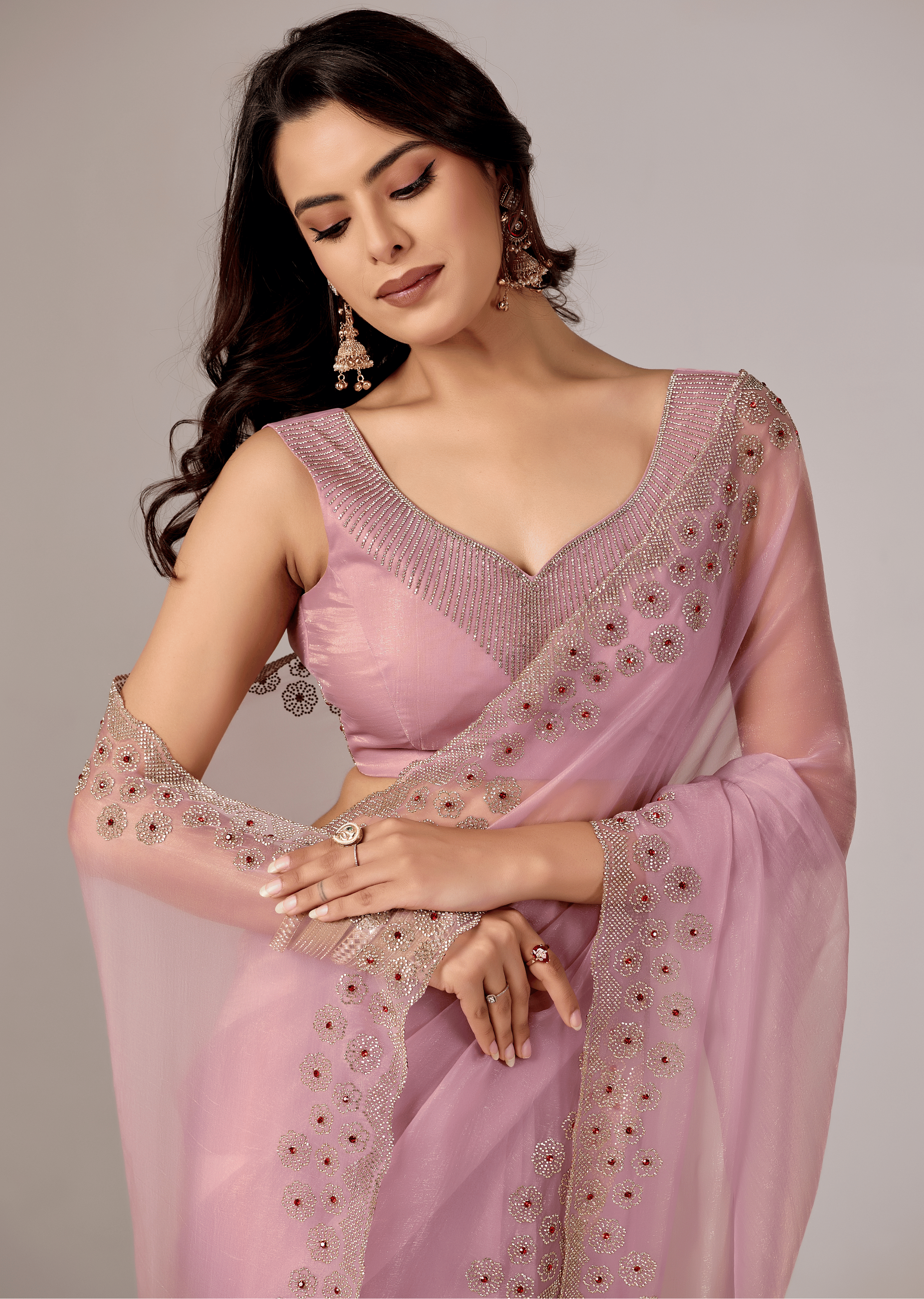 Lavender Purple Tissue Saree With Stone Embroidery