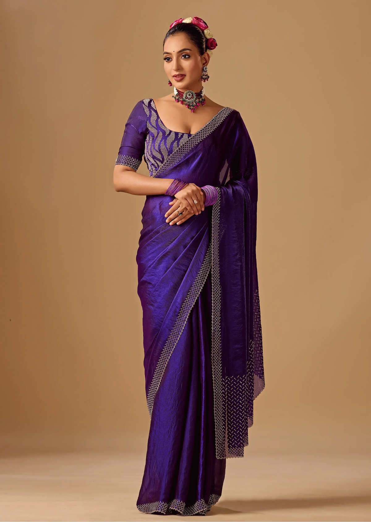 Royal Wine Tissue Silk Saree With Crystal Stone Border