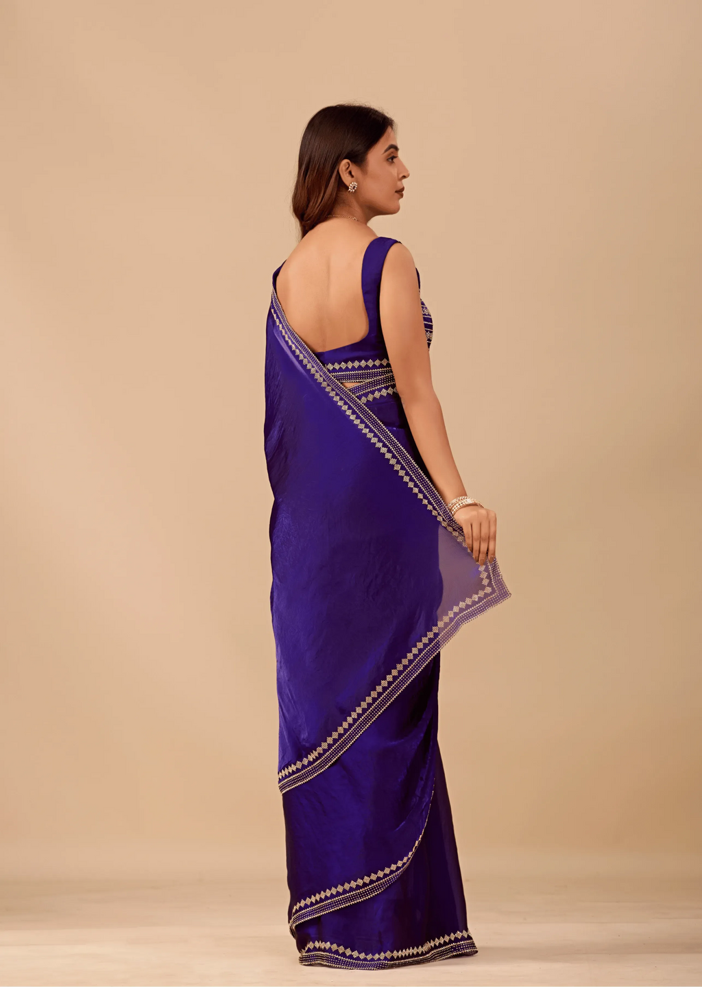 Midnight Blue Tissue Silk Saree With Crystal Border Work