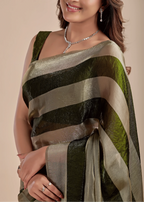 Olive Green Tissue Silk Saree With Metallic Stripe Weave