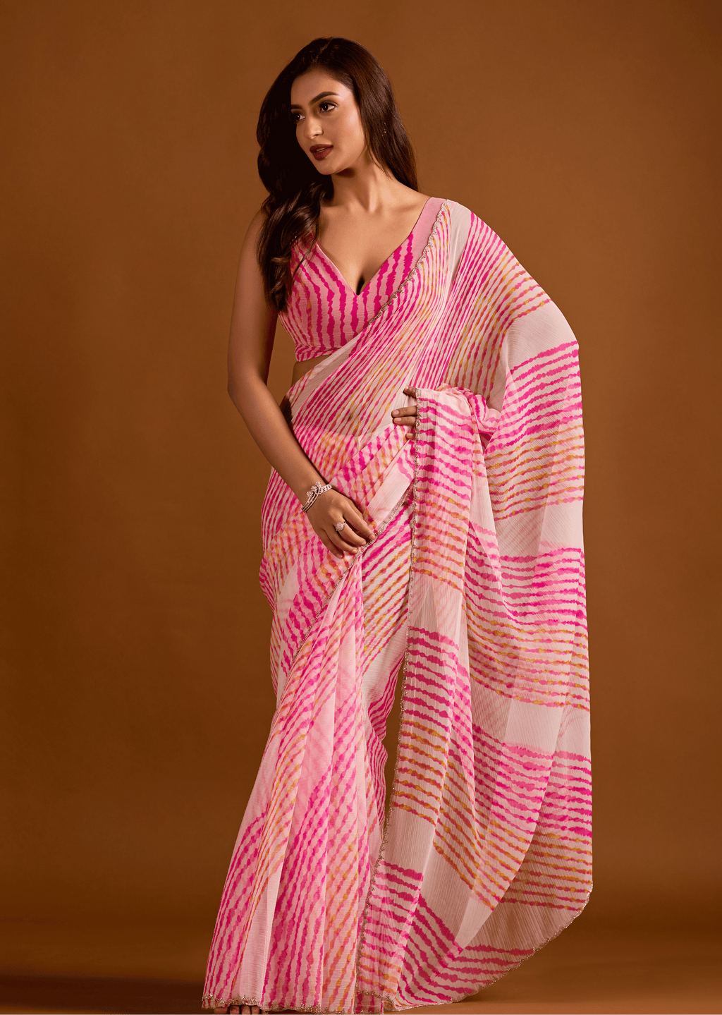 Rani Pink Chiffon Saree With Leheriya Print