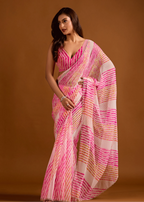 Pink and White Leheriya saree with flowing stripes