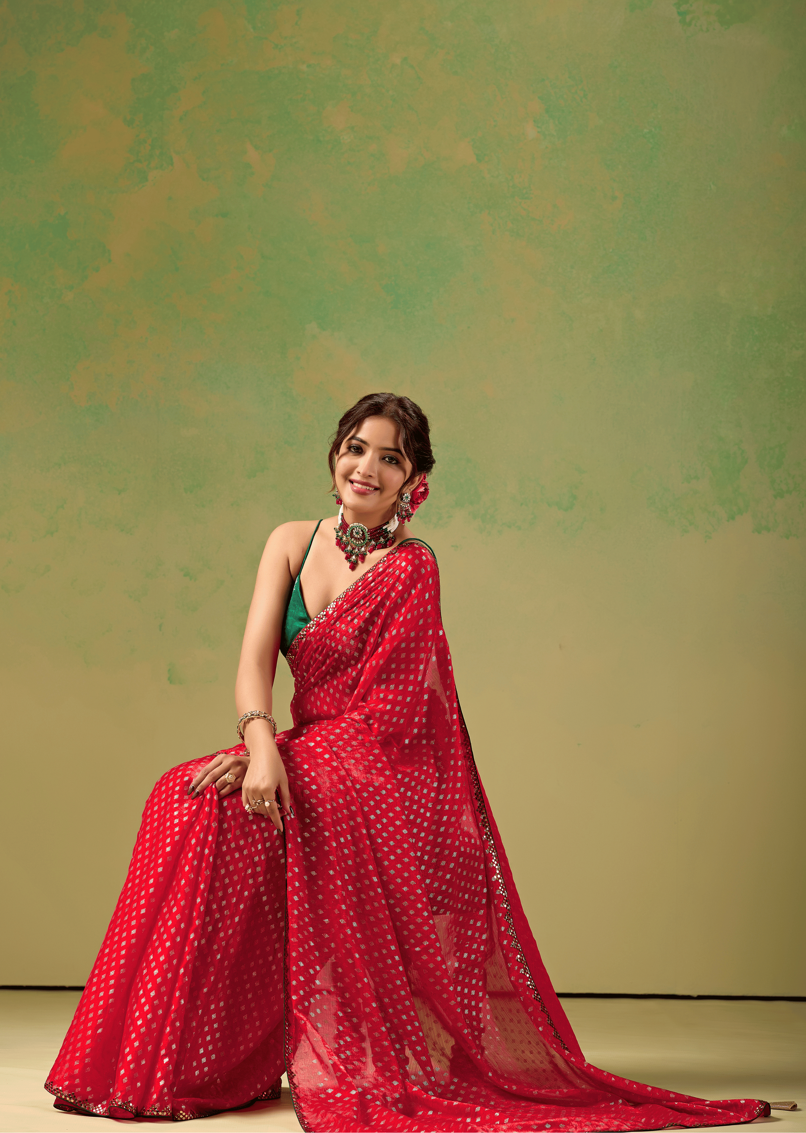 Rani Red Tissue Silk Saree With Foil Butti Work