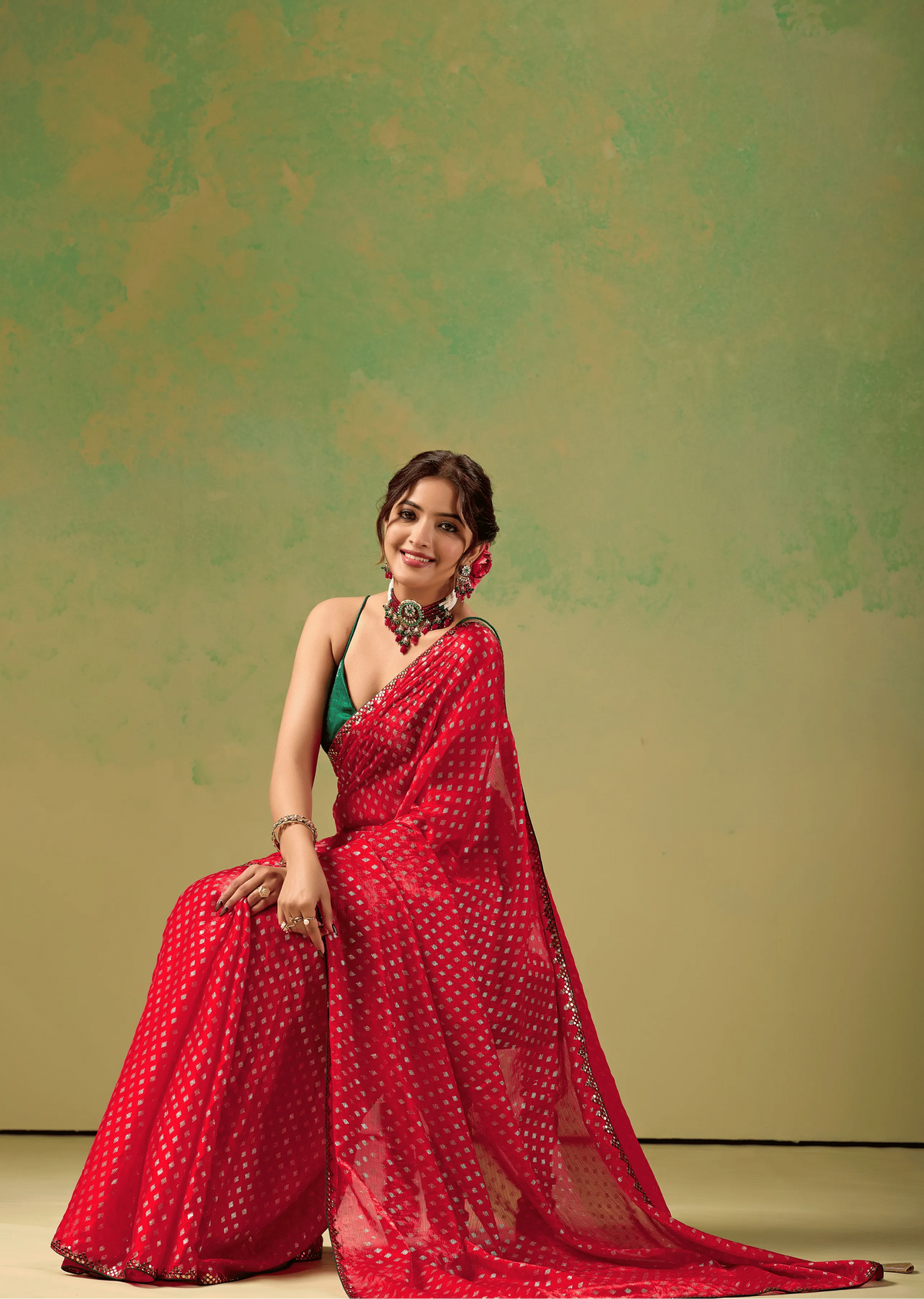 Rani Red Tissue Silk Saree Side Pose - Wedding Wear Saree