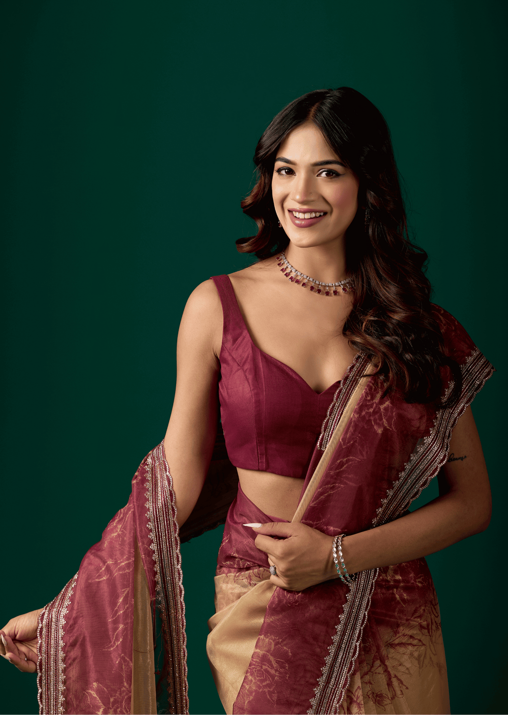 Maroon Organza Saree With Floral Print
