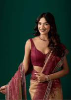 Maroon Organza Saree With Floral Print