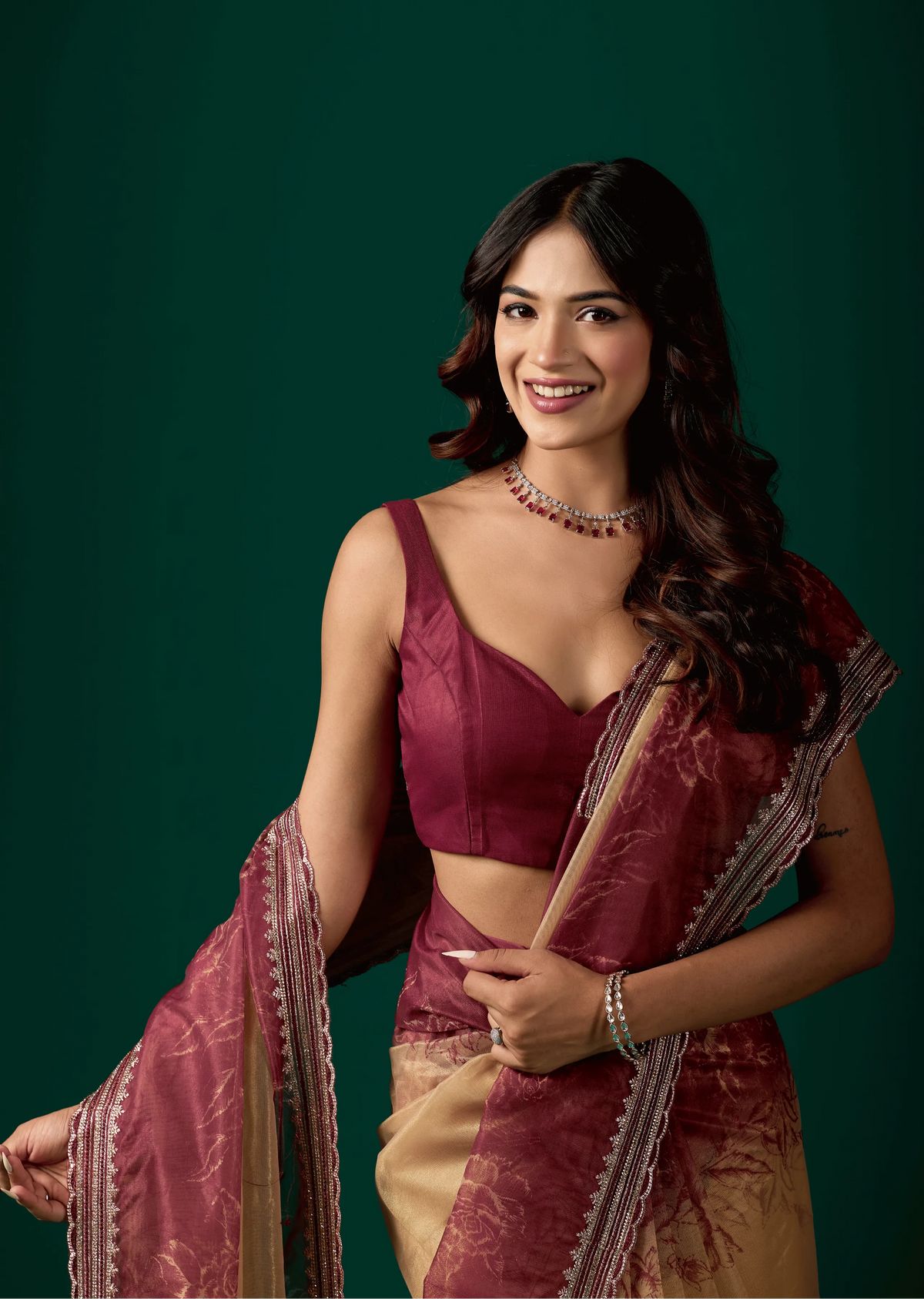  Maroon Organza Saree Draped Look - Floral Print Design