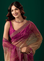 Rani Pink Organza Saree With Floral Print