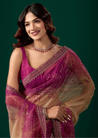 Rani Pink Organza Saree Draped Look - Floral Print Design