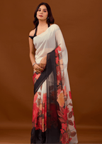 White Soft Organza Saree With Floral Print