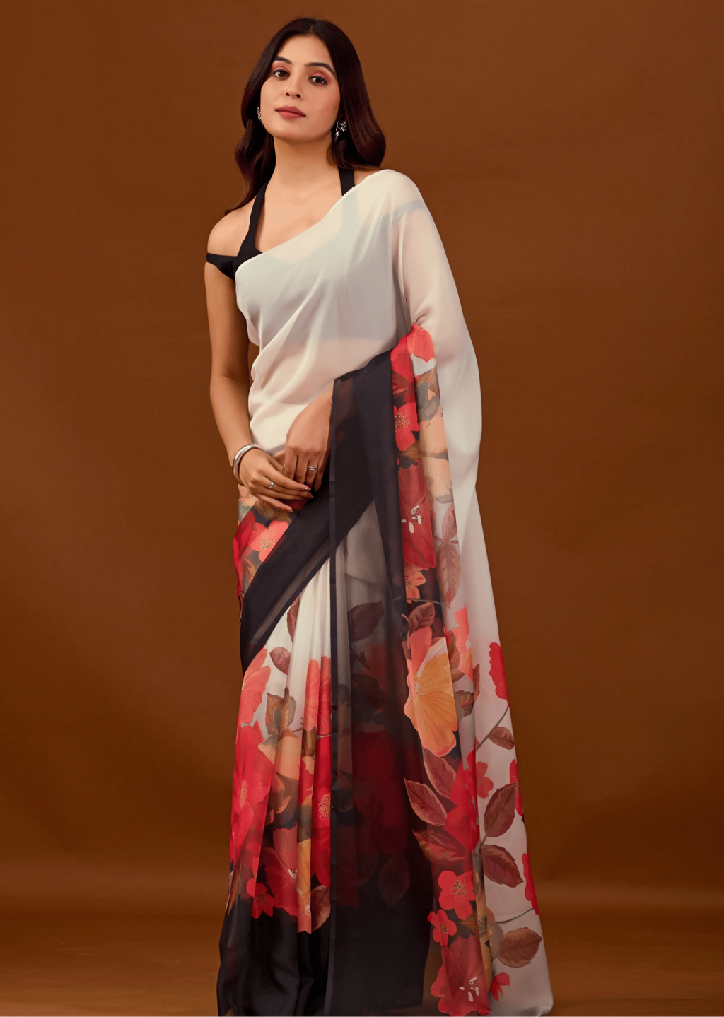 White Soft Organza Saree With Floral Print - Front Look | Buy On Ethnic9