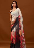 White Soft Organza Saree With Floral Print - Front Look | Buy On Ethnic9