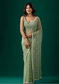Pista Green Chiffon Saree With Floral Embroidery