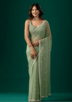 Pista Green Chiffon Saree With Floral Embroidery