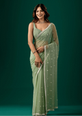 Pista Green Chiffon Saree With Floral Embroidery