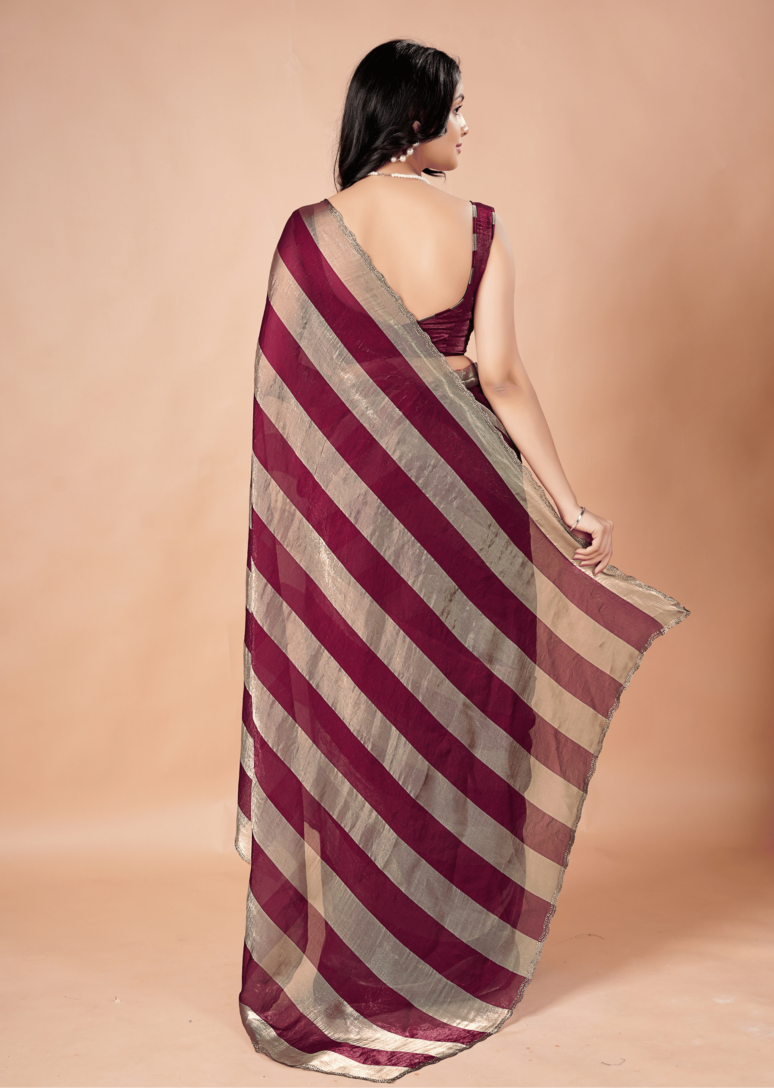 Wine Tissue Silk Saree With Metallic Stripe Work