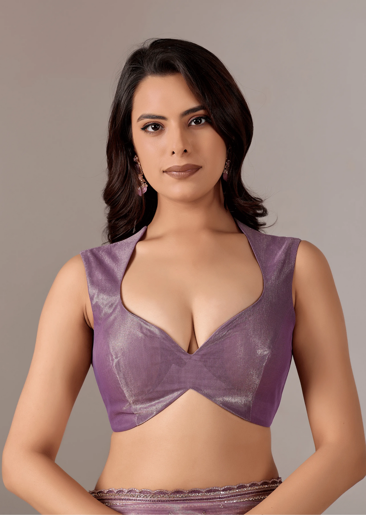 Purple Organza Saree Blouse Close Up - Sequin Work Detailing