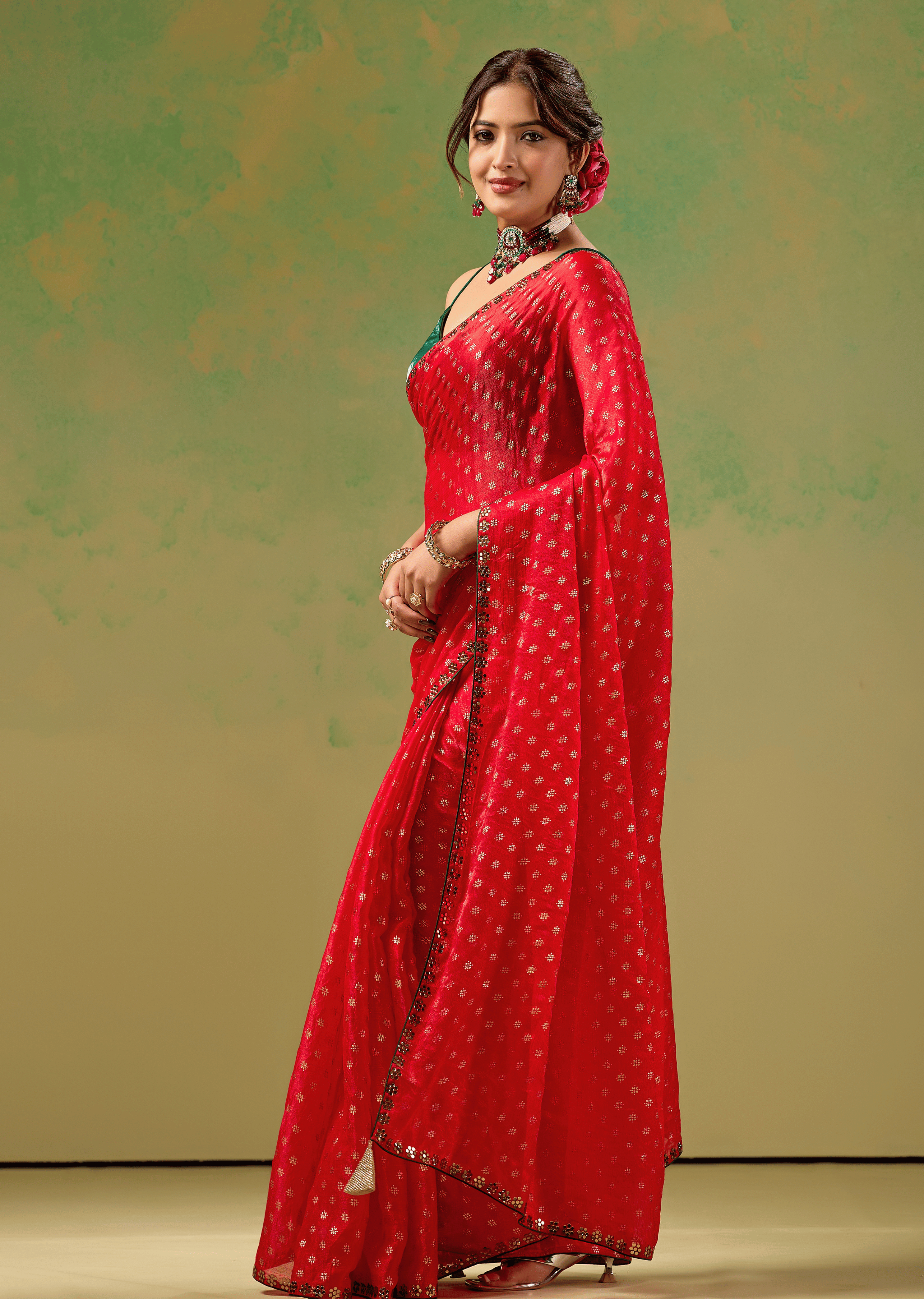Red Tissue Silk Saree With Foil Butti Print