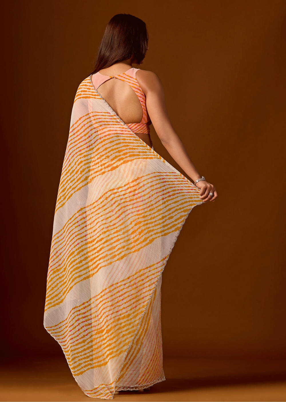 Mustard Yellow Chiffon Saree Back Pose - Leheriya Print Detail