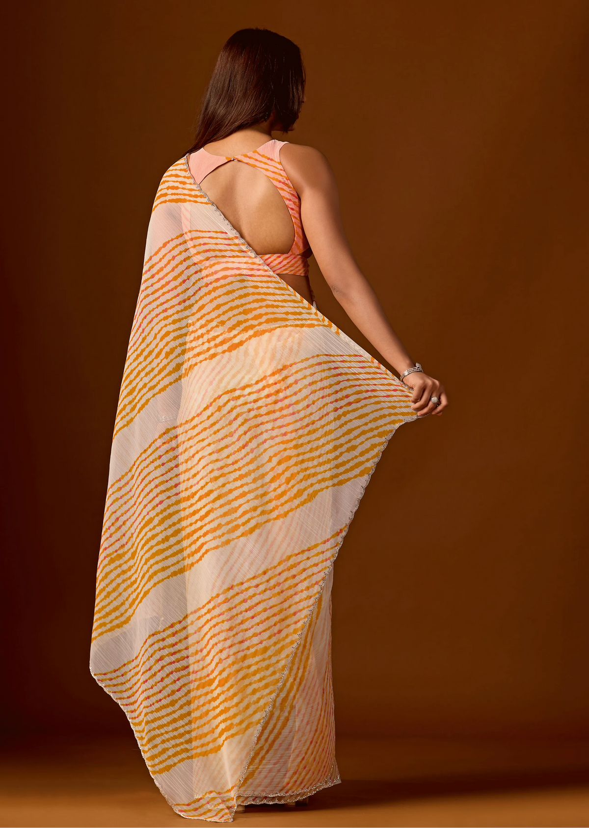 Mustard Yellow Chiffon Saree Back Pose - Leheriya Print Detail