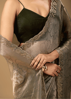 Sage Green Jacquard Saree With Crystal Stone Border