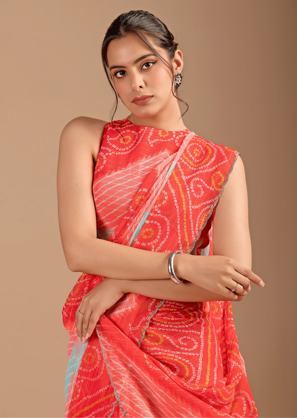  Orange Chiffon Saree Blouse Close Up - Stone Work Detailing
