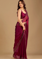 Wine Tissue Silk Saree Blouse Close Up - Stone Work Detailing