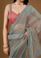  Sky Blue Organza Saree Blouse Close Up - Stone Lace Border Detail