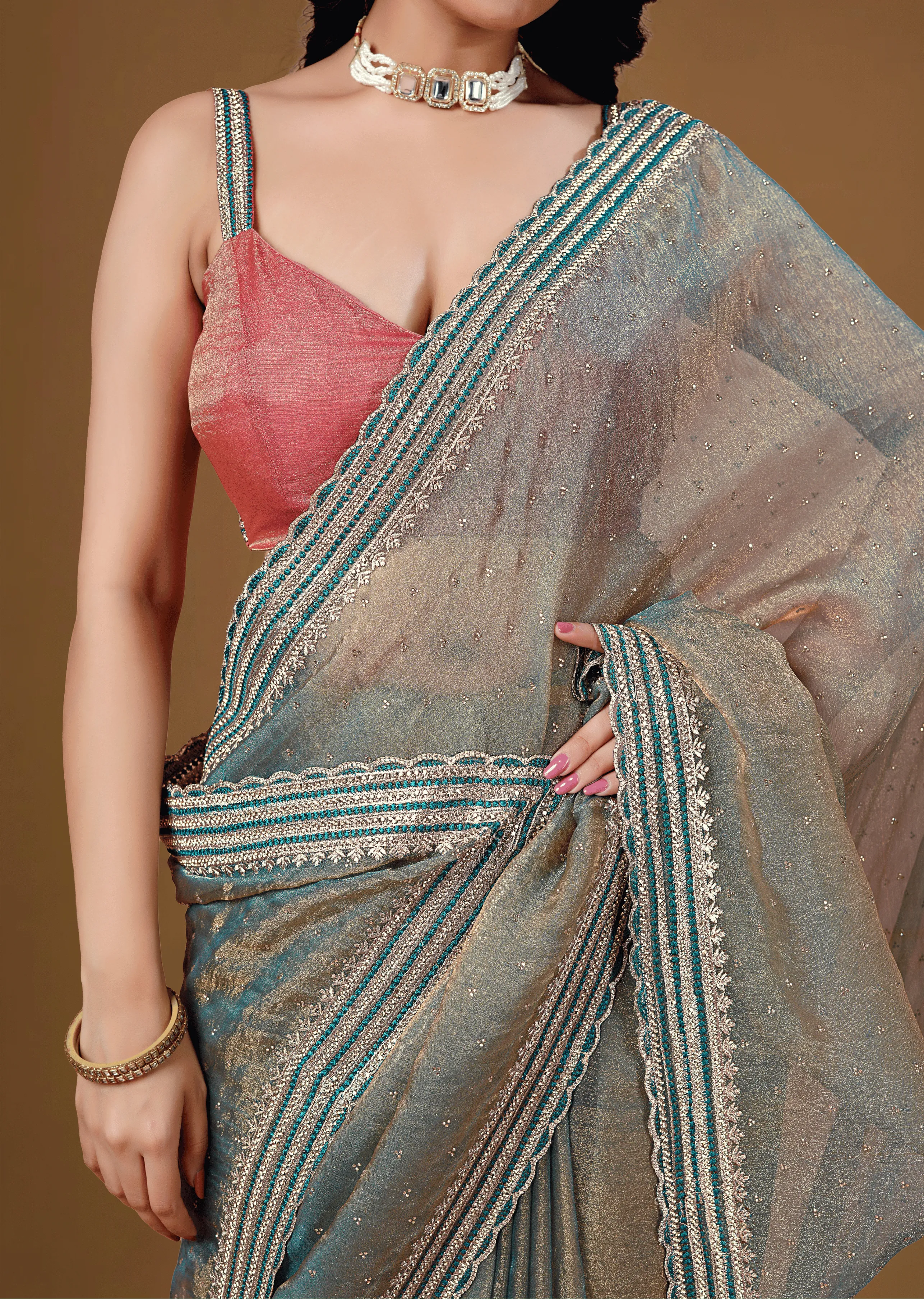  Sky Blue Organza Saree Blouse Close Up - Stone Lace Border Detail