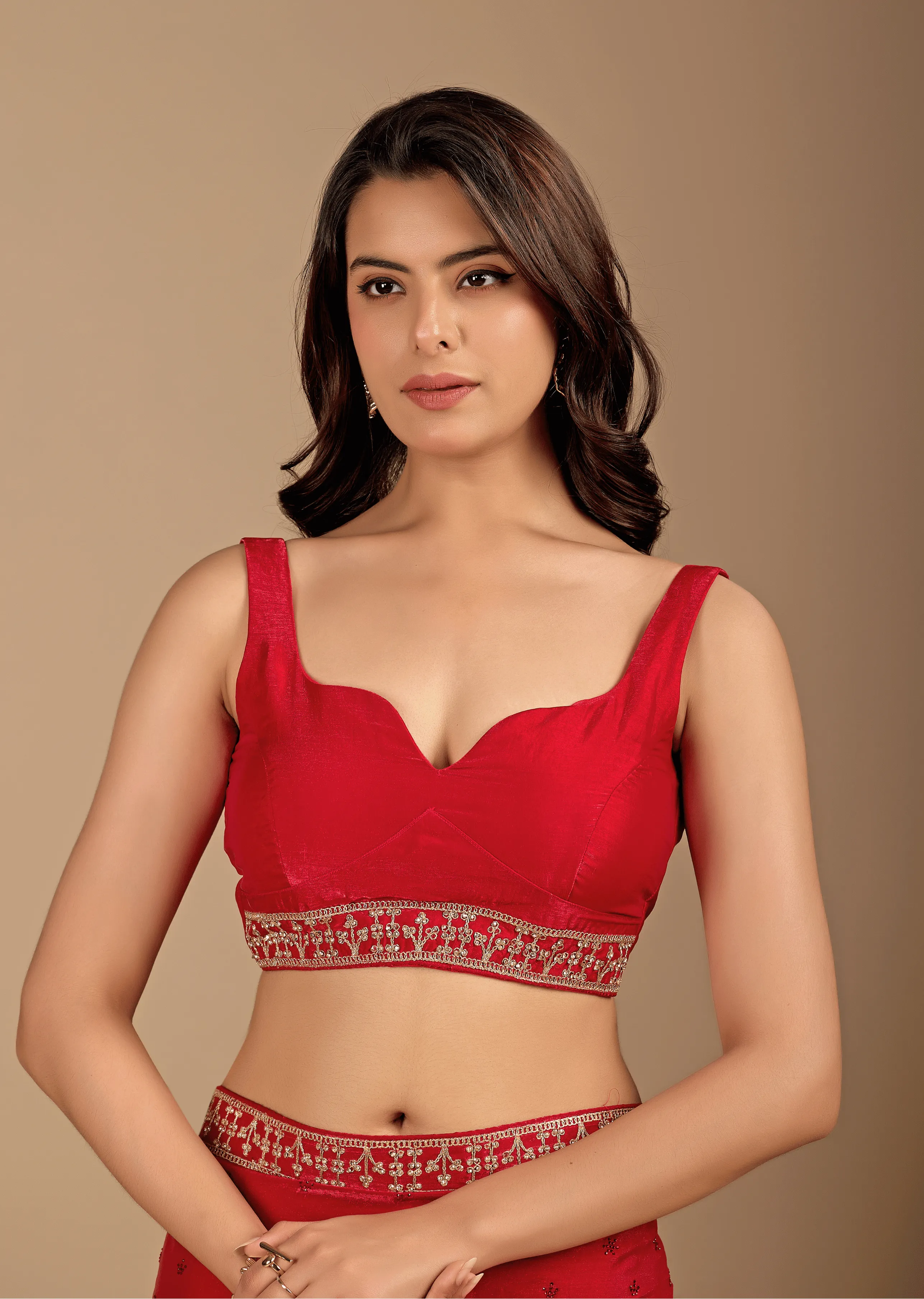 Crimson Red Tissue Silk Saree Blouse Close Up - Zari Embroidery Detailing