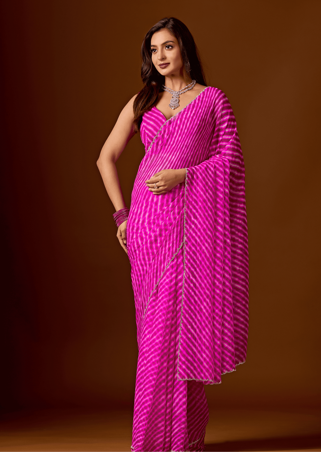 Rani Pink Chiffon Saree With Stone Work