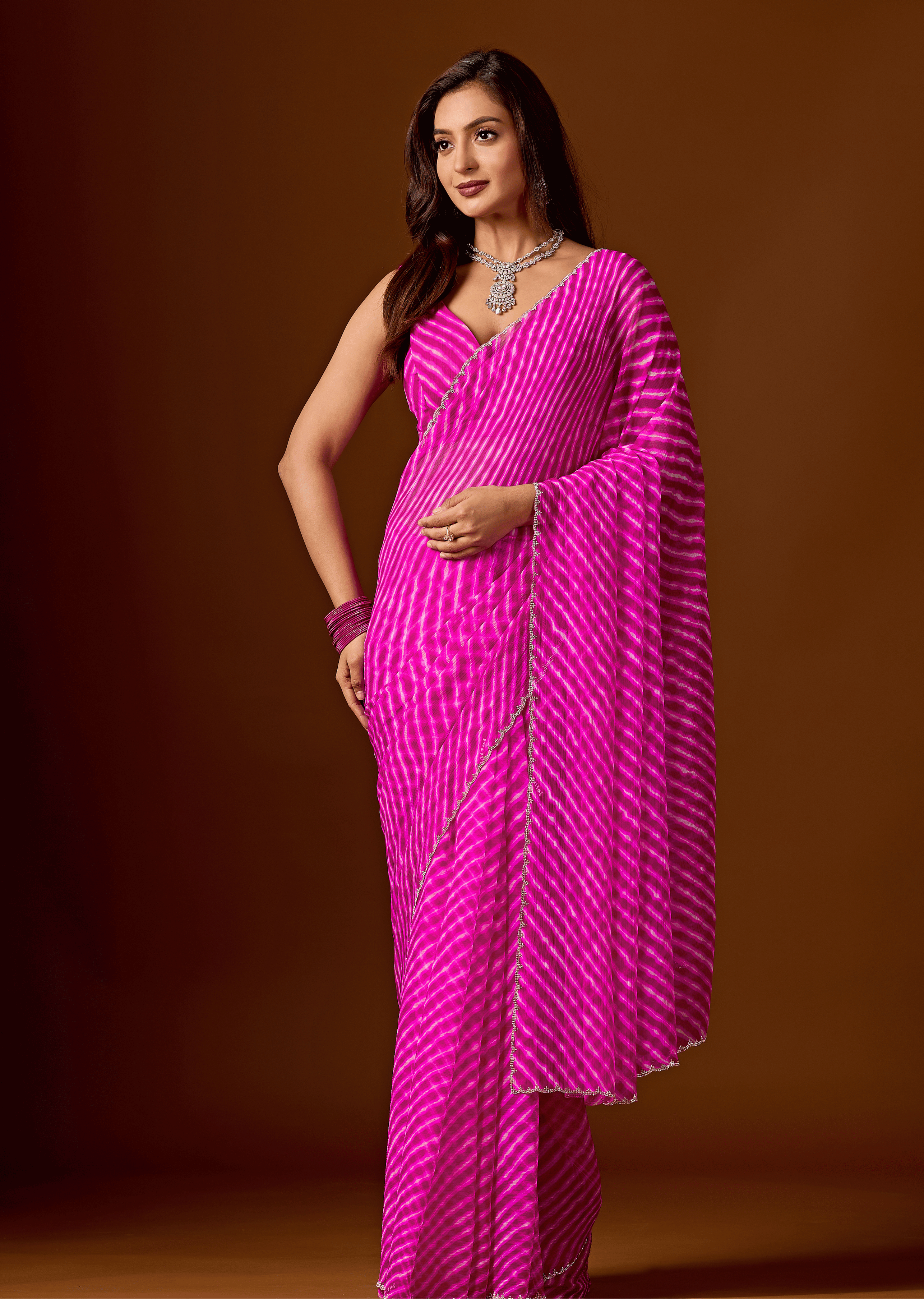 Rani Pink Chiffon Saree With Stone Work