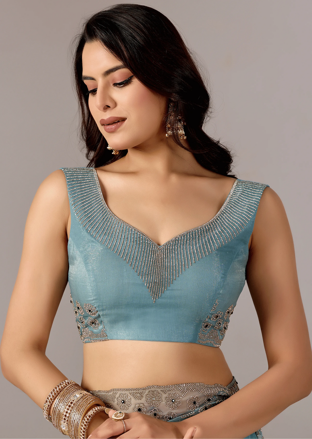 Sky Blue Tissue Saree Standing Look - Party Wear Saree