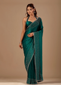 Bottle Green Tissue Silk Saree With Stone Work - Front Look | Buy On Ethnic9